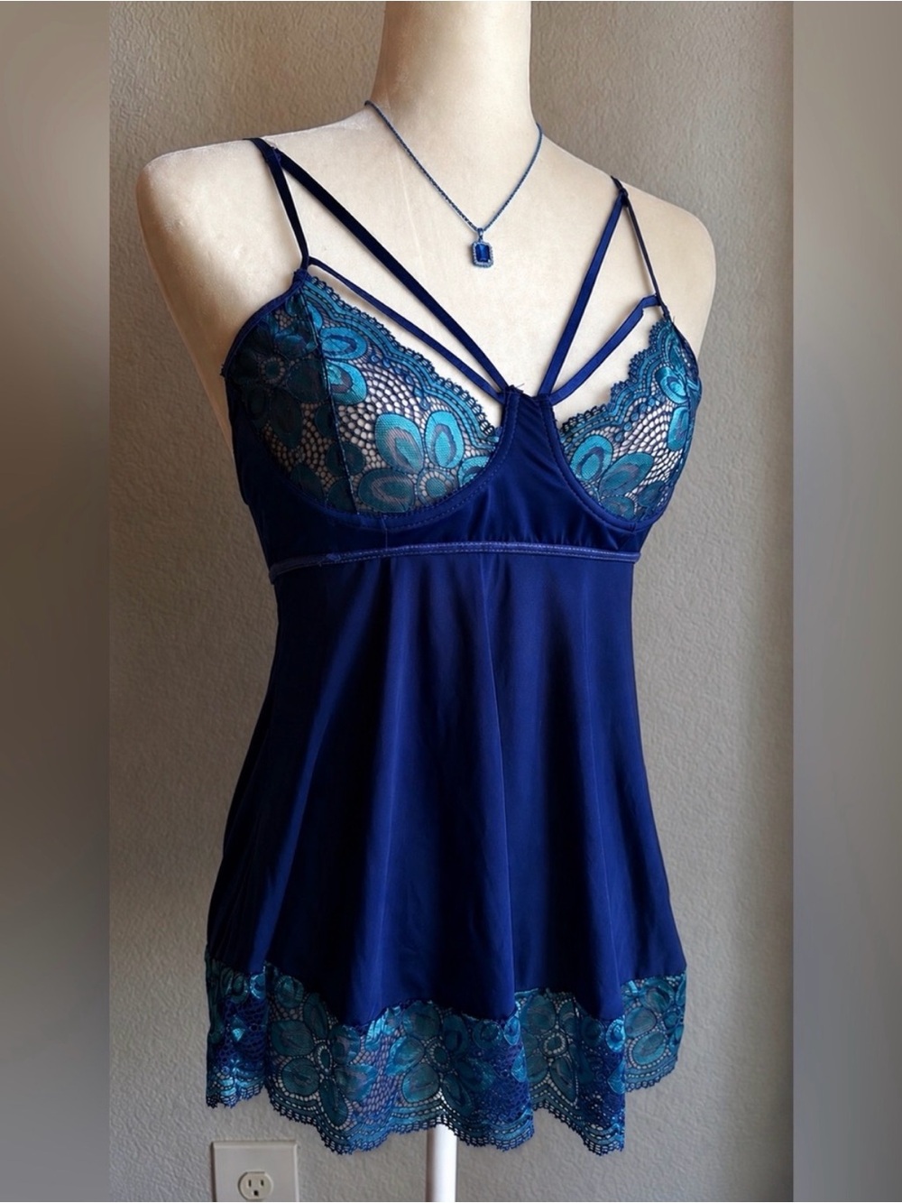 iCollection Blue Teal Floral Lace Strappy Babydoll Lingerie Small